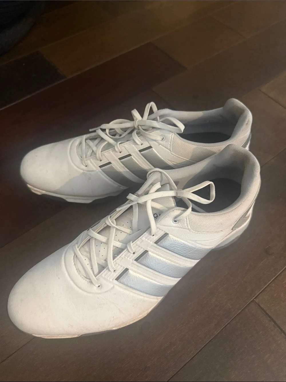 adidas adi power golf shoes White Sneakers with Silver Stripes